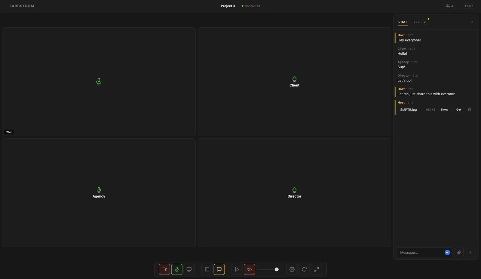 A room with the chat panel open and a file on screen
