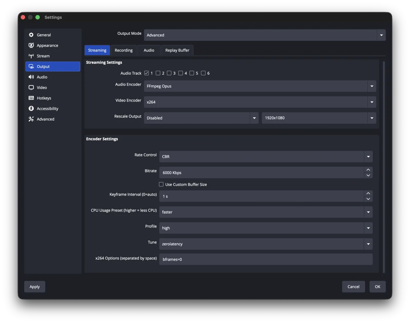 OBS H.264 (x264) settings