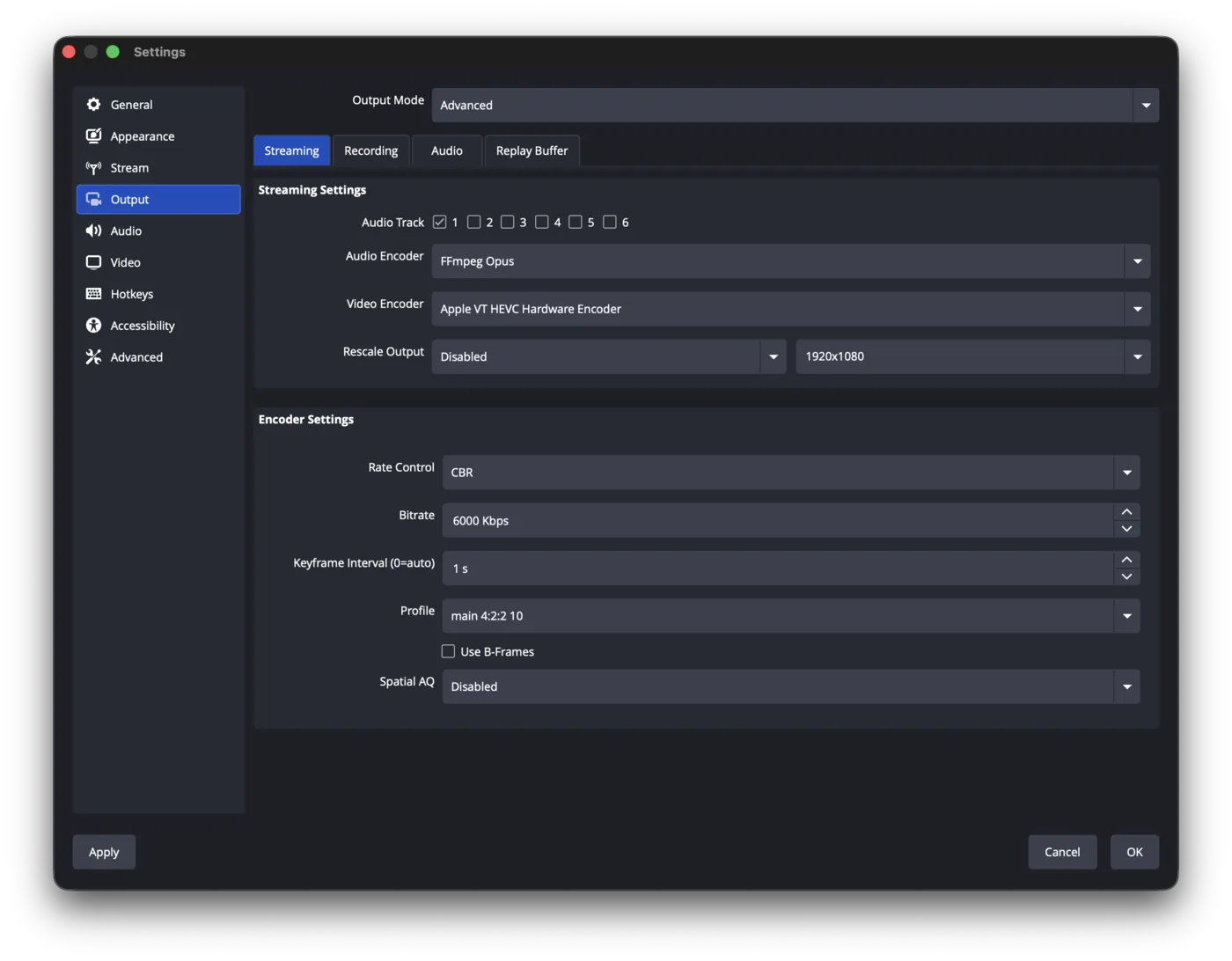 OBS H.265 (Apple VT HEVC) settings