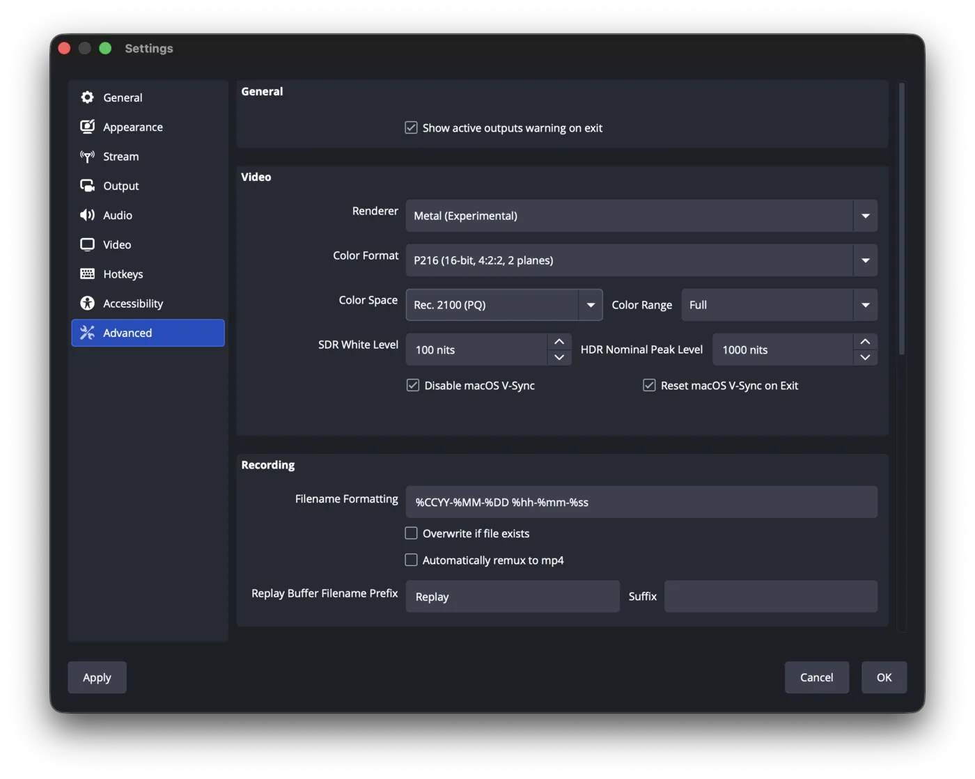 OBS HDR color settings