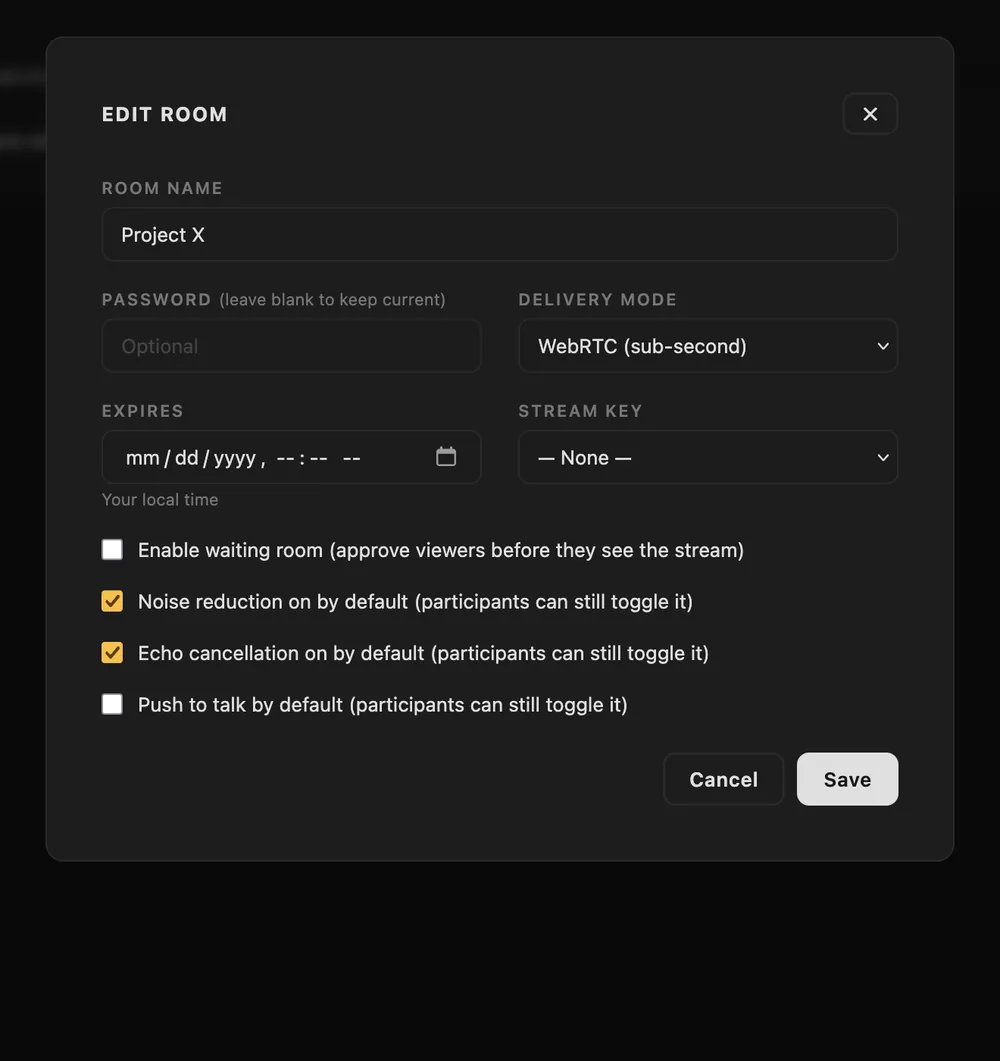 The room settings dialog