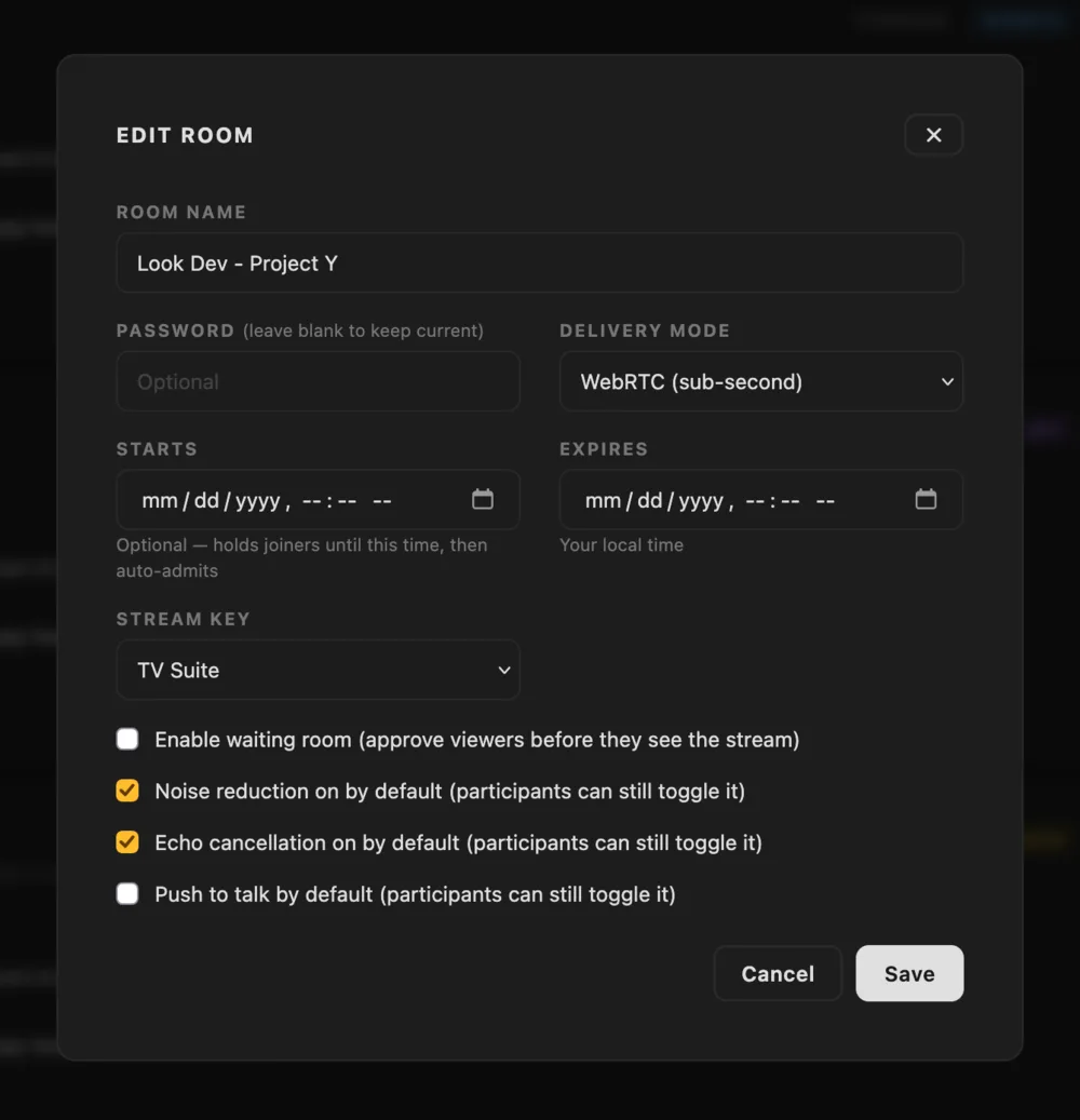The room settings dialog