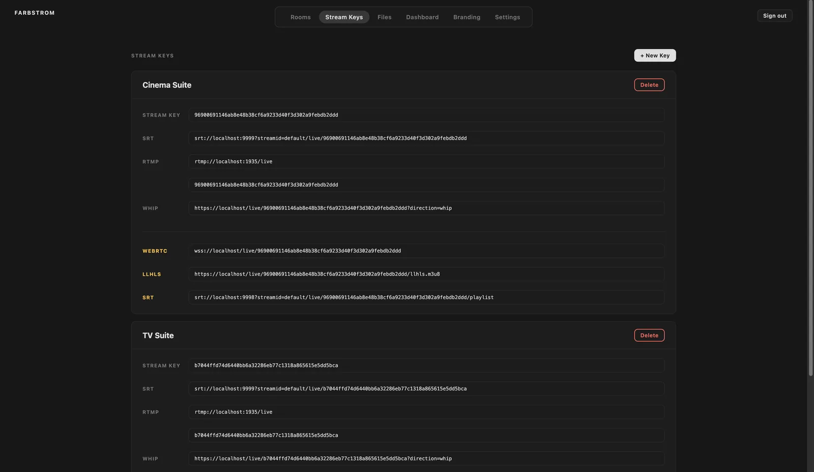 The Stream keys tab